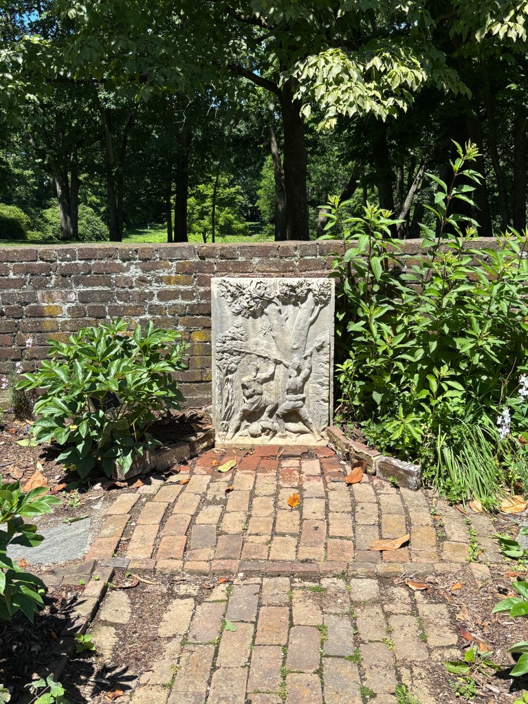 Marble marker from Daniel Boone's memorial in Frankfort, now at Waveland State Historic Site in Lexington, Kentucky.  Photo by Lisa Day, June 19, 2026. 